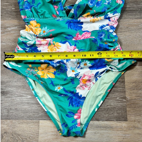 Cupshe Floral Ruffle V-Neck Lace Up Back One Piece Swimsuit Teal XL NEW - Picture 7 of 8